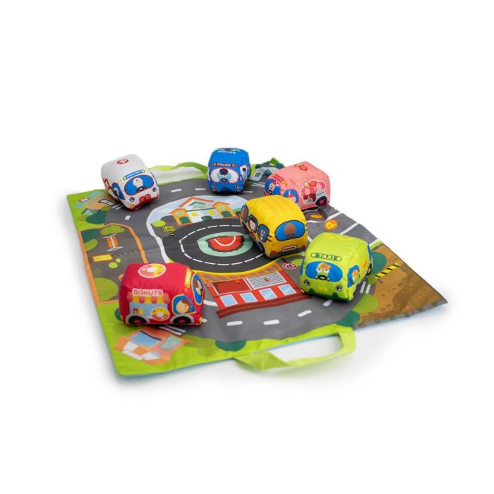 Tachan Tapete de Carreteras con 6 Coches de Tela Vehículos de Emergencia y Ciudad para Niños +12 Meses Lavable 4