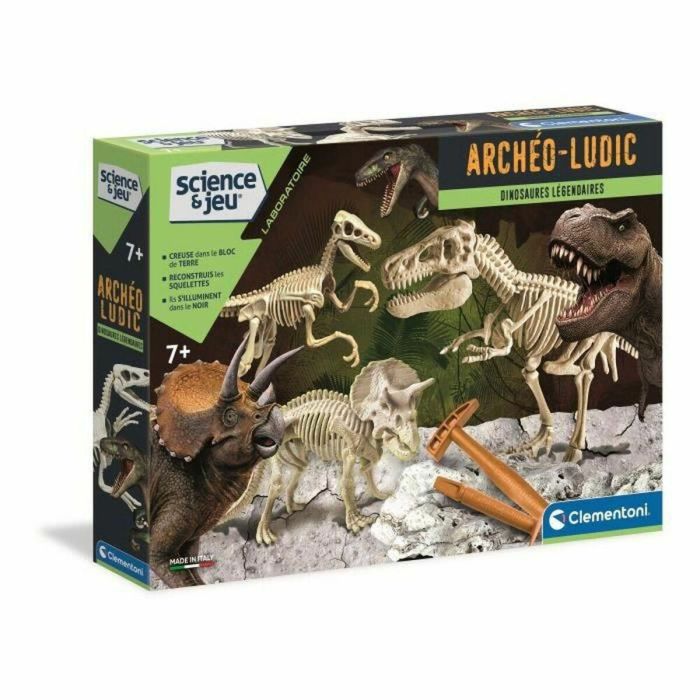 Clementoni Archéo Ludic Dinosaurios Legendarios - Juego de Paleontología con T-Rex, Velociraptor, Triceratops, martillo y cincel
