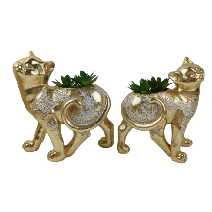 DKD Home Decor Planta Dorado Verde Gato Resina 18.5 x 8.5 x 19.5 cm (4 Unidades)