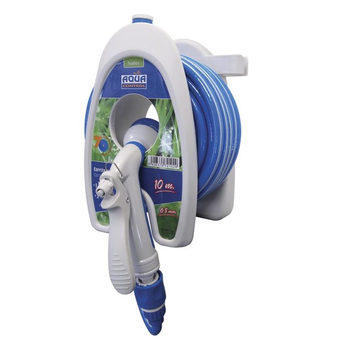 Aqua Control Carrito Portamanguera Especial Terrazas 10m PVC con Pistola 7 Formas Riego, 2 Conectores y Adaptador 9