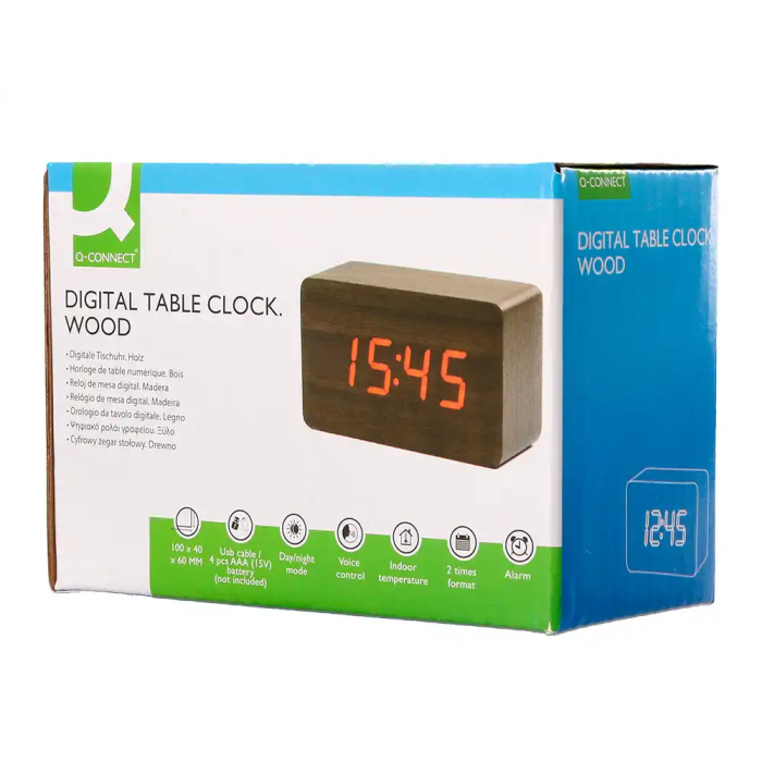 Q-connect Reloj de Sobremesa Digital con Acabado en Madera y Luz Roja 100x40x60mm 7