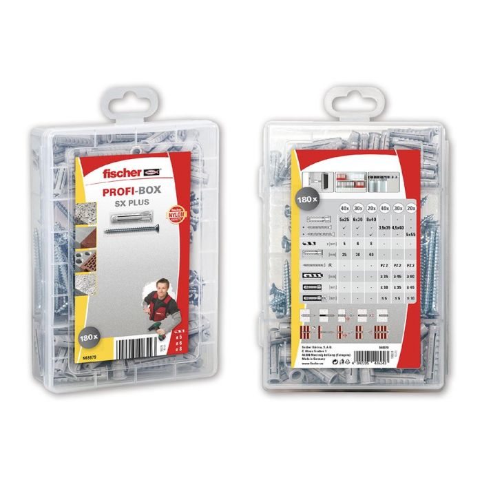 Fischer Tacos SX Plus con Tornillos, Surtido de Medidas: 40 unidades 5x25mm, 30 unidades 6x30mm, 20 unidades 8x40mm - Caja 180 Uds