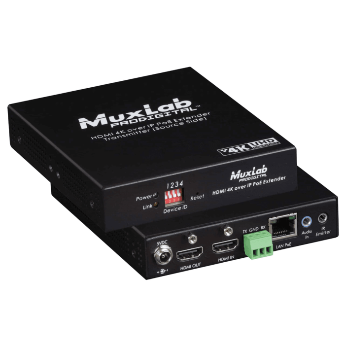MUXLAB Transmisor HDMI 4K con Bucle de Salida HDMI sobre IP - Latencia 33ms, hasta 100m, PoE