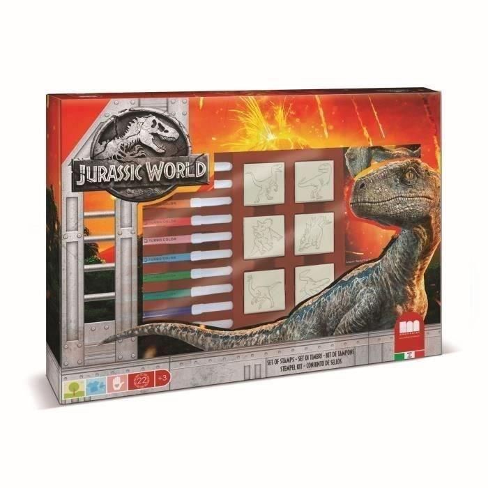 Caja para sellos - MULTIPRINT - 4975 - Jurassic World - 7 sellos de madera y látex, 12 rotuladores Giotto, regla, álbum para colorear