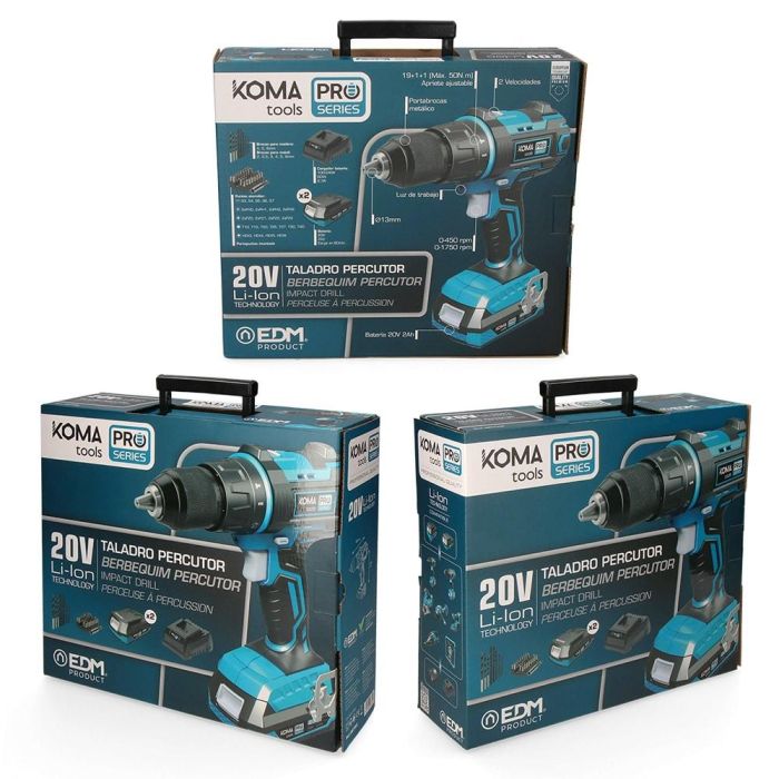 Koma Tools Kit maletín taladro percutor/atornillador 20V con 2 baterías 2.0Ah, cargador y accesorios Pro Series 2 Koma Tools Kit maletín taladro percutor/atornillador 20V con 2 baterías 2.0Ah, cargador y accesorios Pro Series 2