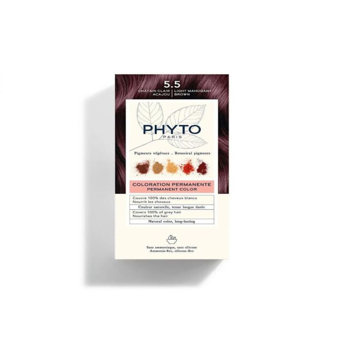 Phyto PHYTOCOLOR #5.5 Tinte Permanente Castaño Claro Caoba sin Amoniaco | 100% Cobertura Canas 4 u