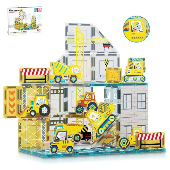 PICASSO TILES Bloques Magnéticos con 8 Vehículos +7 Triángulos, 4 Rectángulos y 26 Cuadrados para +3 Años