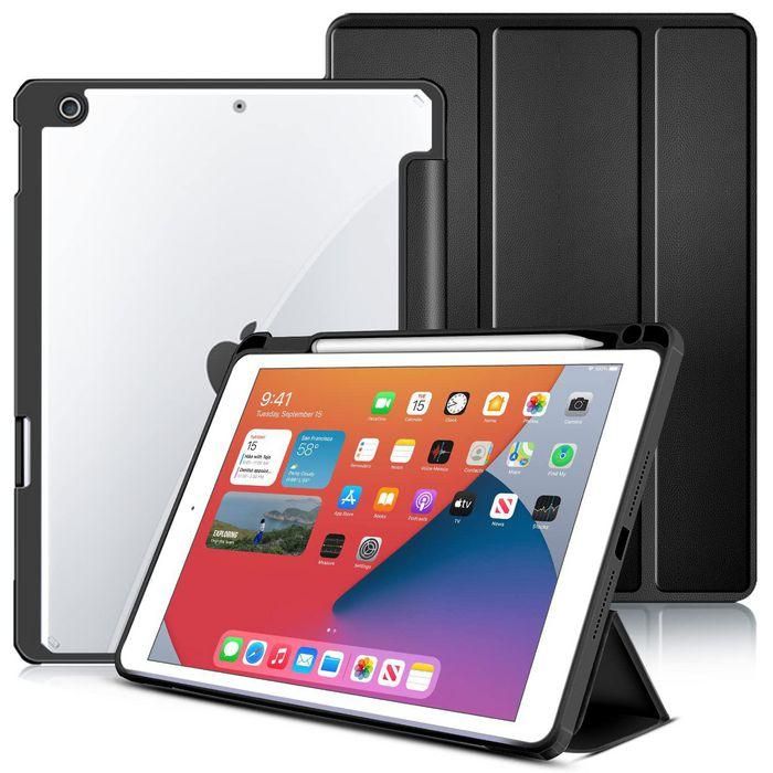 eSTUFF Funda NEW YORK para iPad 10.2 con Compartimento para Lápiz, Ultra Delgada, Negra/Transparente, Protección Completa 1