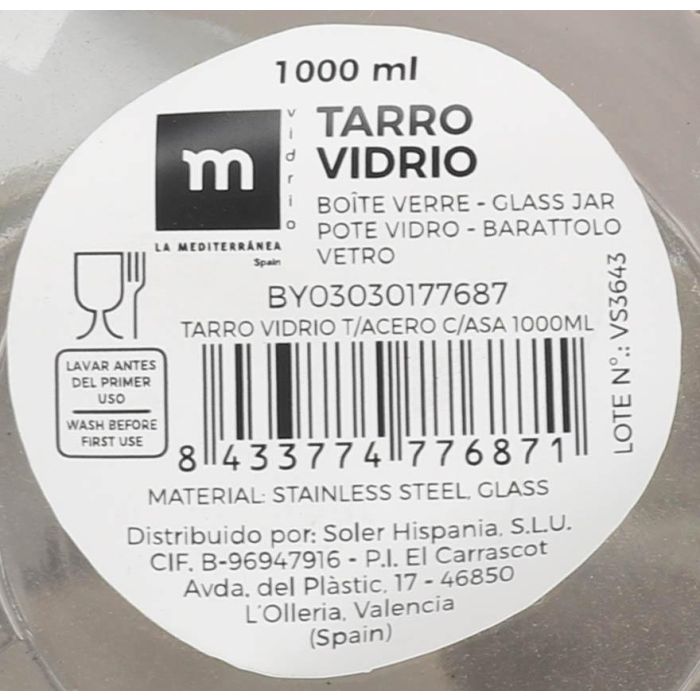 Tarro de vidrio con tapa de acero y asa 1000 ml - La Mediterranea (12 Unidades) 6 Tarro de vidrio con tapa de acero y asa 1000 ml - La Mediterranea (12 Unidades) 6