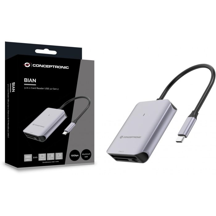 Conceptronic Lector de Tarjetas USB-C BIAN09G SD 4.0, MicroSD 4.0, CFast 2.0, USB 3.2 Gen 2, 10 Gbps 2