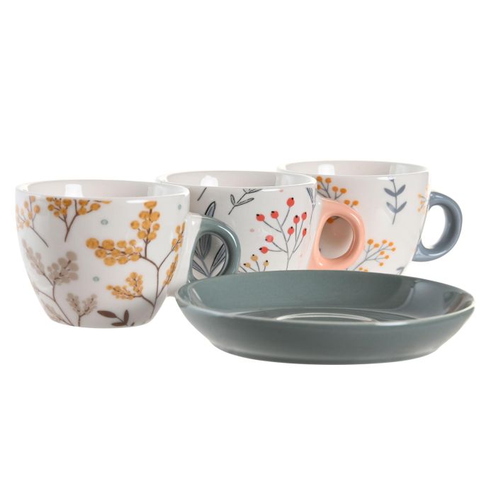 DKD Home Decor Café Set de 6 piezas Rosa Palo Azul Gris Porcelana Floral 11 x 2 x 11 cm Capacidad 90ml Apto para Lavavajillas 1