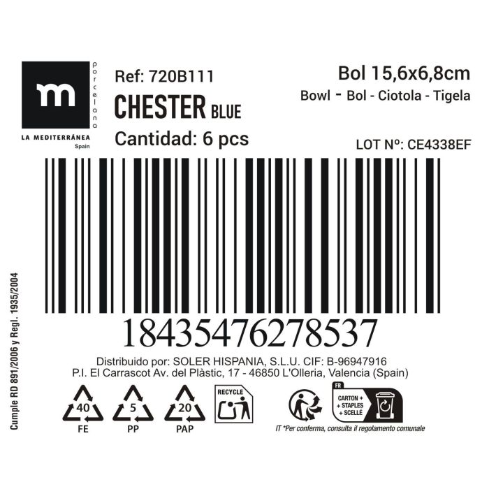 Bol Chester Blue 15.6 x 6.8 cm - Inde (12 Unidades) 2 Bol Chester Blue 15.6 x 6.8 cm - Inde (12 Unidades) 2