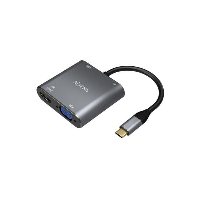 AISENS - CONVERSOR USB-C A VGA/HDMI 4K/USB3.0/USB-C PD, USB-C/M-VGA/H-HDMI/H-USB-A/H-USB-C/H, GRIS, 15CM