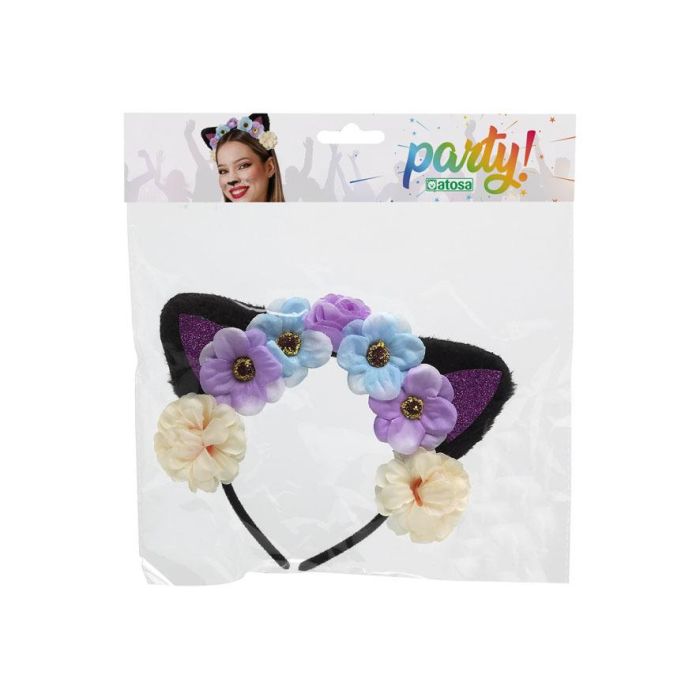 Diadema Orejas Felinas Negras y Flores Lila, Azul, Blanco, Crema - Accesorio para Disfraces, Anime y Fiestas Temáticas 1
