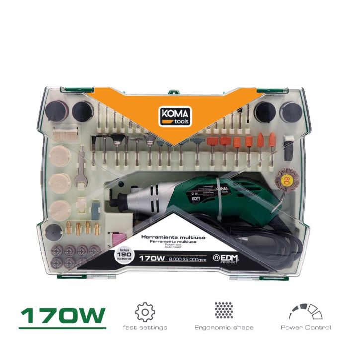 Koma Tools MR-170 Herramienta Multiusos Rotativa 170W con 190 Accesorios y Cable Flexible, Verde/Plateado, 23.5 x 7 cm 2