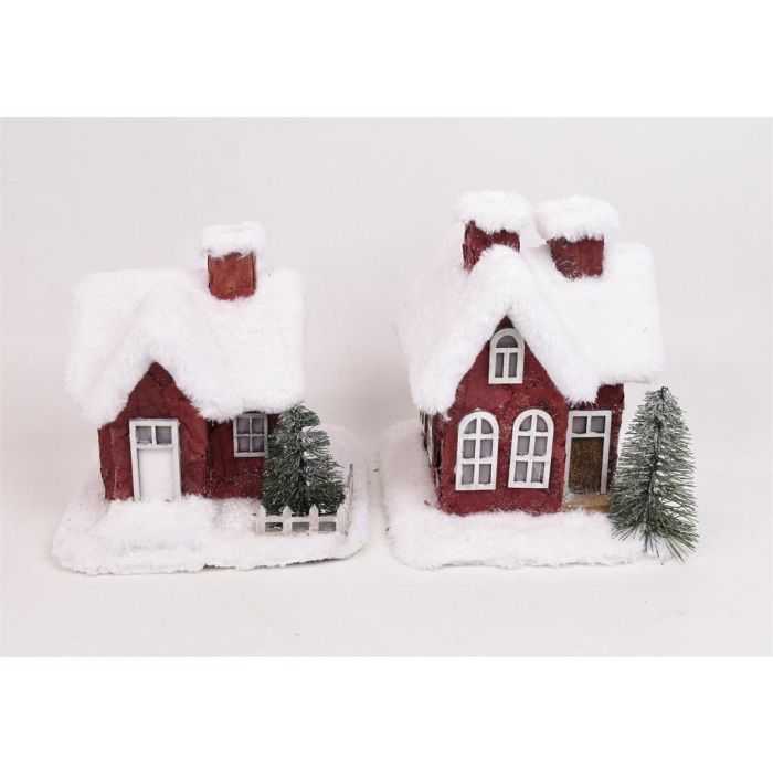 DKD Home Decor Set de 2 Casas de Navidad Tradicionales Porexpan Natural Rojo Blanco 16.5x17x17 cm Surtido Aleatorio
