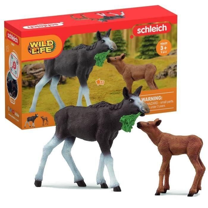 Schleich 42629 Set de Figuras de Alce Hembra y Cría con Mata de Hierba, Animales Salvajes Colección Wild Life Multicolor para Niños 3+ Años