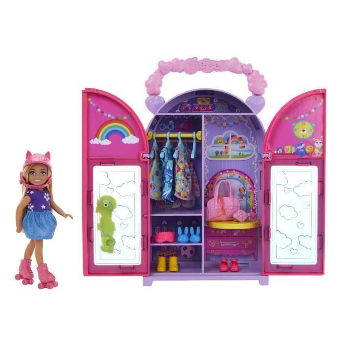 Muñeca barbie chelsea con armario portátil, 15 prendas de ropa y accesorios.