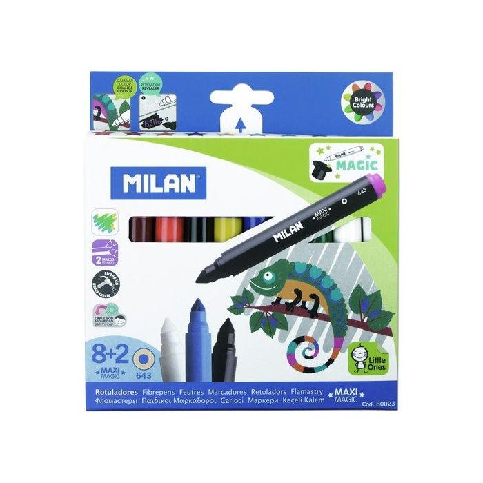 Milan Caja 8 Rotuladores Maxi Magic + 2 Rotuladores Mágicos, Tinta Mágica a Base de Agua, 80023