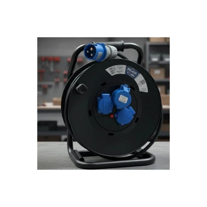 Phasak Regleta Enrollable BN 3478, 3 Tomas (2 Schuko + 1 Industrial 2P+TT), Cable 40m, Negro y Azul 1