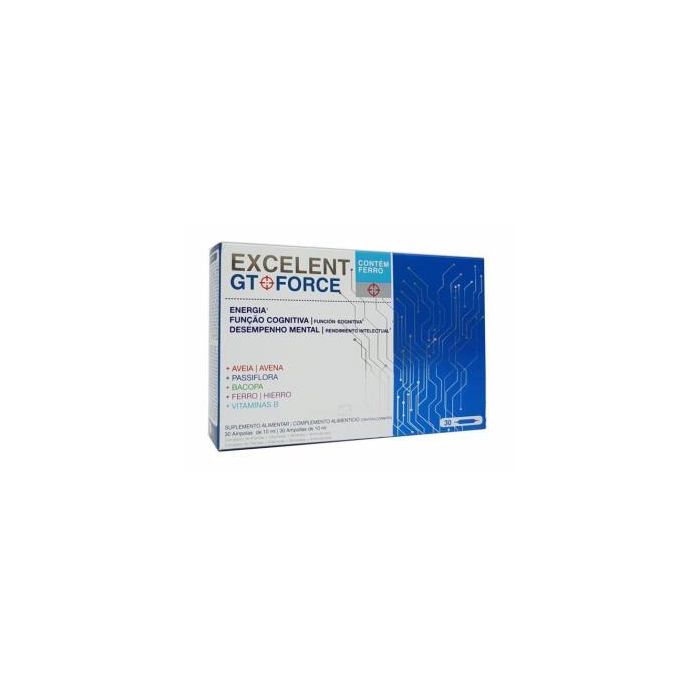 Excelent Gt Force 30Amp Suplemento para Cansancio Físico y Mental, Ansiedad y Estrés - Con Vitaminas y Minerales - 30 Ampollas