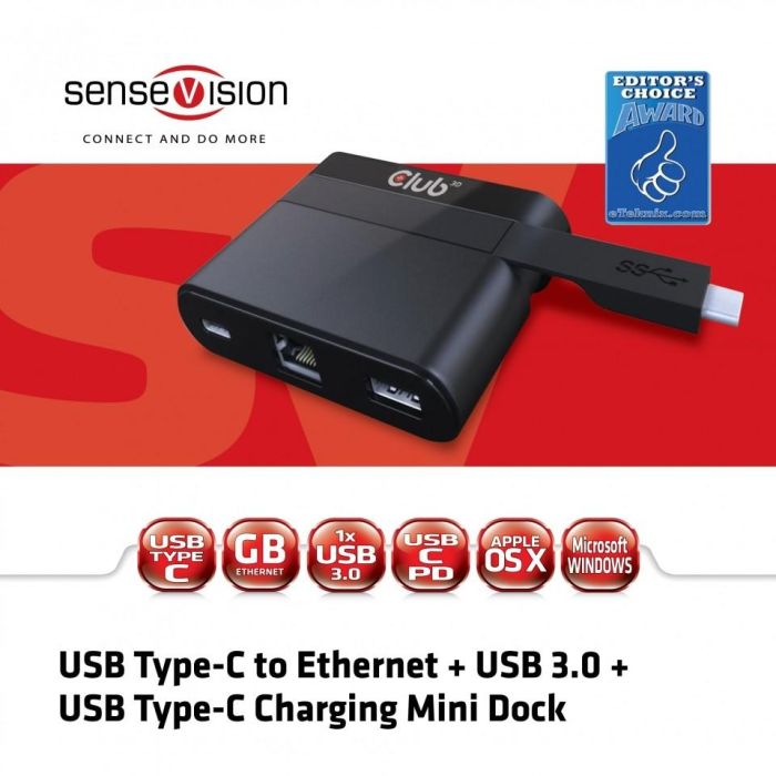 Club 3D SenseVision Adapter USB 3.0 C > Ethernet Gigabit LAN + USB 3.0 + USB Typ C 1