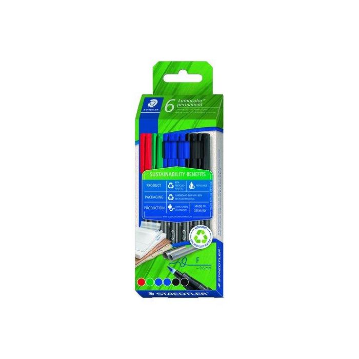 Staedtler Rotulador Permanente Lumocolor Eco+ Edition 318 F 0,6 mm - Estuche 6 Ud - Resistente al Agua, Secado Rápido