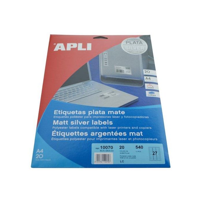 Apli Etiquetas Adhesivas Metalizadas Plata 63,5x29,6 mm, Pack 20 Hojas (540 Etiquetas), Ideal para Láser