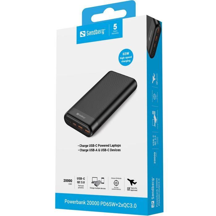 Sandberg Powerbank 20000 PD65W+2xQC3.0 3 Sandberg Powerbank 20000 PD65W+2xQC3.0 3