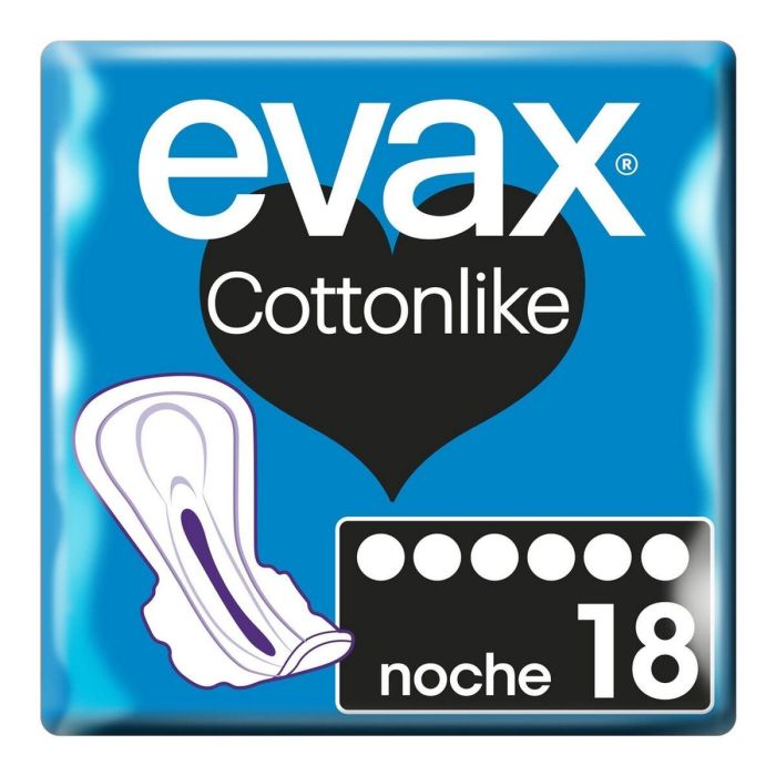 Evax COTTONLIKE Compresas Noche con Alas, 60% Más Cobertura Trasera, Perlas Antiolor y Núcleo Superabsorbente - 9 unidades