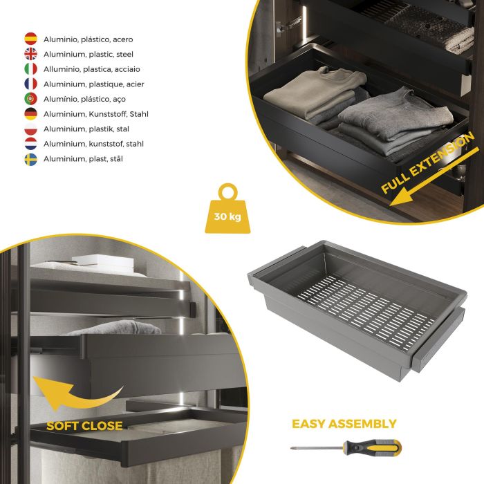 Emuca Kit de cajón metálico y bastidor regulable Quartz para armarios, guías de cierre suave y extracción total, Módulo 90cm, Acabado Titanio 6
