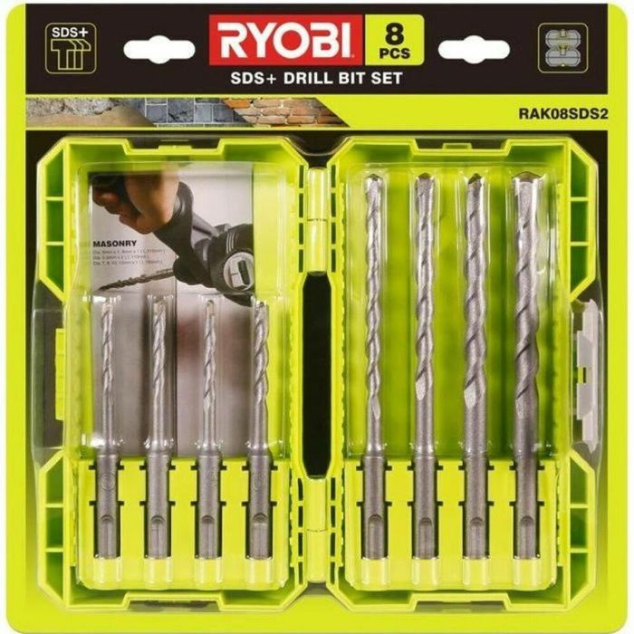 Ryobi Juego de 8 Brocas SDS+ Diámetros 5-12mm y Longitudes 110-160mm, en Caja Apilable