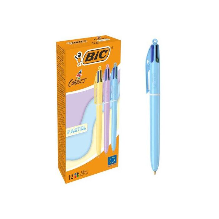 Bic Bolígrafo 4 Colores Cuerpo Pastel Surtidos Caja 12 Ud - Negro, Azul, Rojo, Verde, Punta 1 mm