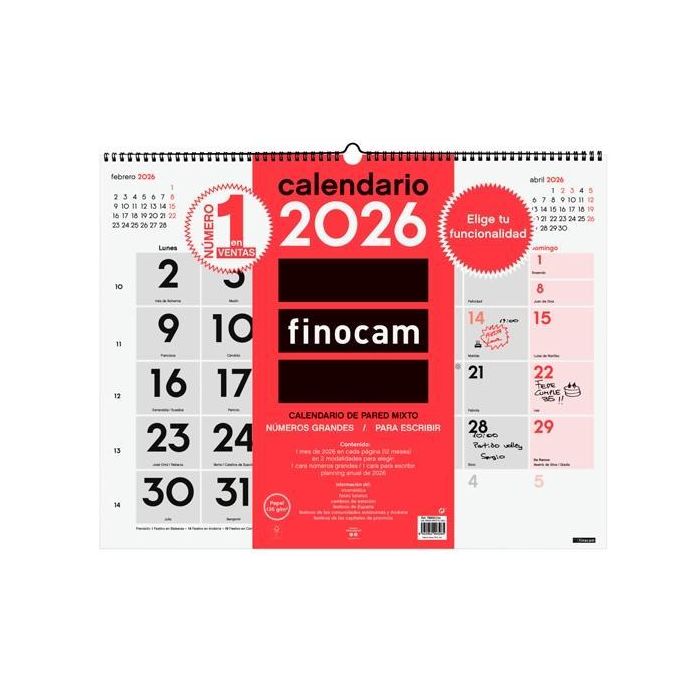 Finocam Calendario de Pared Mixto XL 540x420 mm con Doble Funcionalidad Neutro 2026