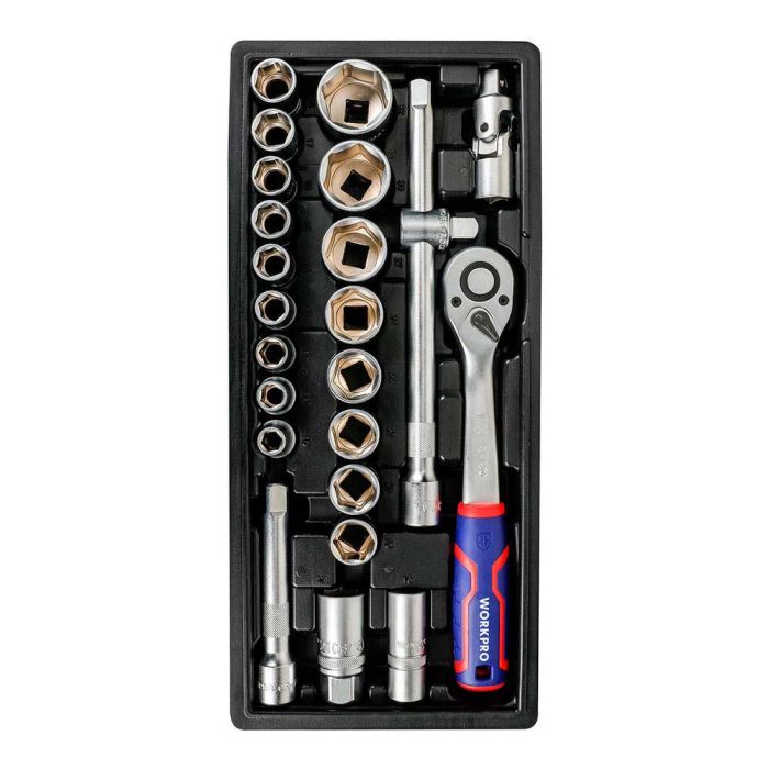 Workpro Juego carraca y vasos 1/2 pulg, 24 piezas métrico de cromo vanadio 0 Workpro Juego carraca y vasos 1/2 pulg, 24 piezas métrico de cromo vanadio 0