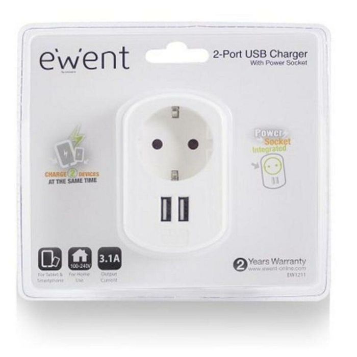 Enchufe Pared con 2 Puertos USB Ewent EW1211 3,1 A 1 Enchufe Pared con 2 Puertos USB Ewent EW1211 3,1 A 1