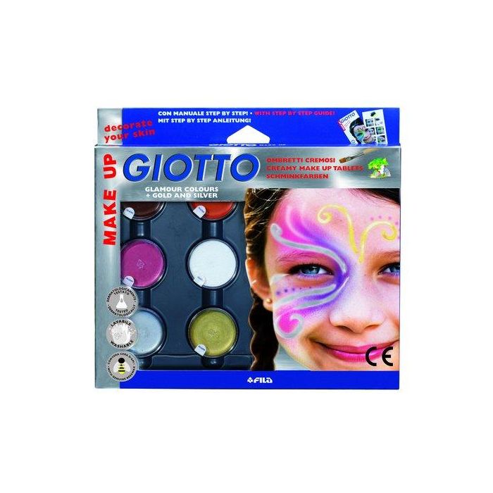 Giotto Set maquillaje pintura facial, 6 botes 5 ml, colores metálicos + pincel cosmético + esponja