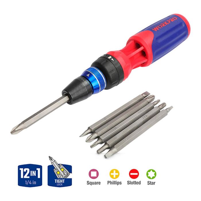 Workpro Destornillador de Carraca 12 en 1 con Cambio Rápido de Puntas, Incluye Puntas Planas, Phillips y Torx