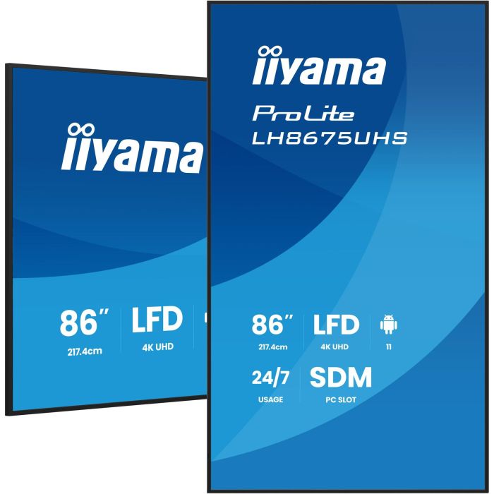 iiyama LH8675UHS-B2AG Pantalla 85.6" (217cm) 4K UHD Señalización Digital WiFi 24/7 500 cd/m2 16:9 IPS LCD 3xHDMI DP 2xUSB Android 11