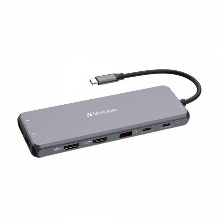 Verbatim 2 x HDMI, 8K30Hz, 1 x DP, 8K/30Hz, 1 x RJ45, up to 1Gb/s, 3 x USB-A 3.2 Gen 1, 5Gb/s, 1 x USB-A 3.2 Gen 2, 10Gb/s, 2 x USB-A 2.0, 480Mb/s, 1 x Audio, in & out, 2 x USB-C PD, 100W & 10Gb/s, 160.2mm x 55.4mm x 15mm 3 Verbatim 2 x HDMI, 8K30Hz, 1 x DP, 8K/30Hz, 1 x RJ45, up to 1Gb/s, 3 x USB-A 3.2 Gen 1, 5Gb/s, 1 x USB-A 3.2 Gen 2, 10Gb/s, 2 x USB-A 2.0, 480Mb/s, 1 x Audio, in & out, 2 x USB-C PD, 100W & 10Gb/s, 160.2mm x 55.4mm x 15mm 3