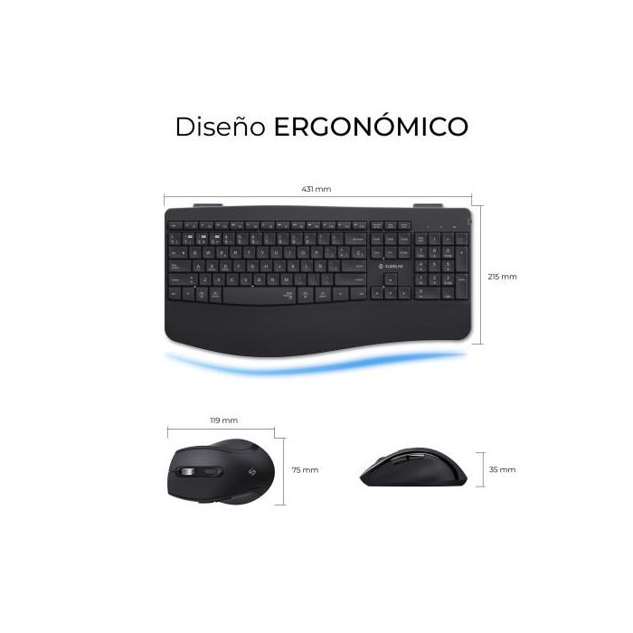 Subblim COMBO DUAL OFFICE PROWAVE BLACK - Pack Teclado y Ratón Ergonómicos Inalámbricos Multidispositivo, Bluetooth 5.3 y USB 2.4G, Recargables, Negro 3