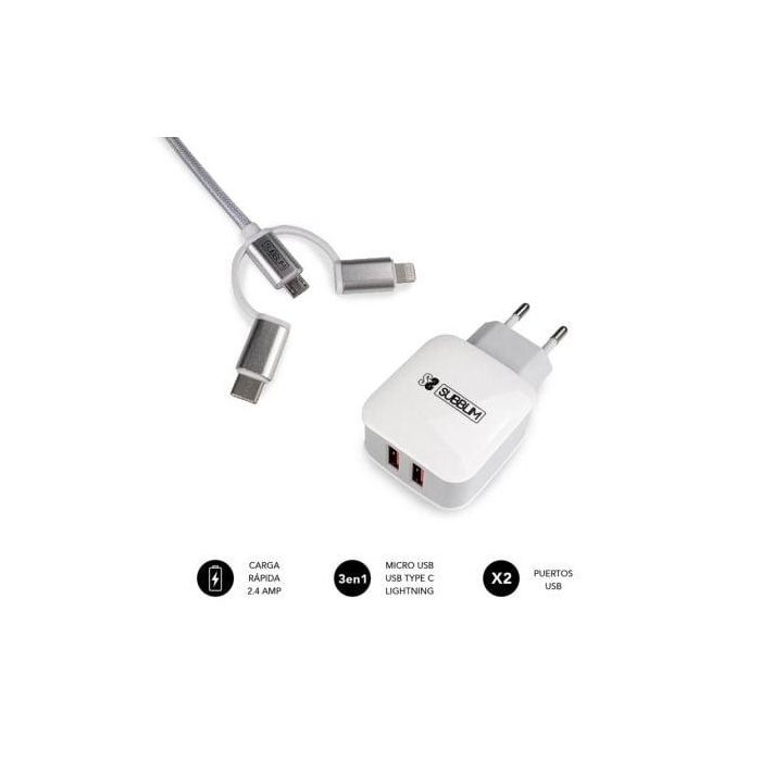 Cargador de Pared Subblim SUB-CHG-1ZWC01/ 2xUSB + Cable 3 en 1/ 12W/ Blanco 1 Cargador de Pared Subblim SUB-CHG-1ZWC01/ 2xUSB + Cable 3 en 1/ 12W/ Blanco 1