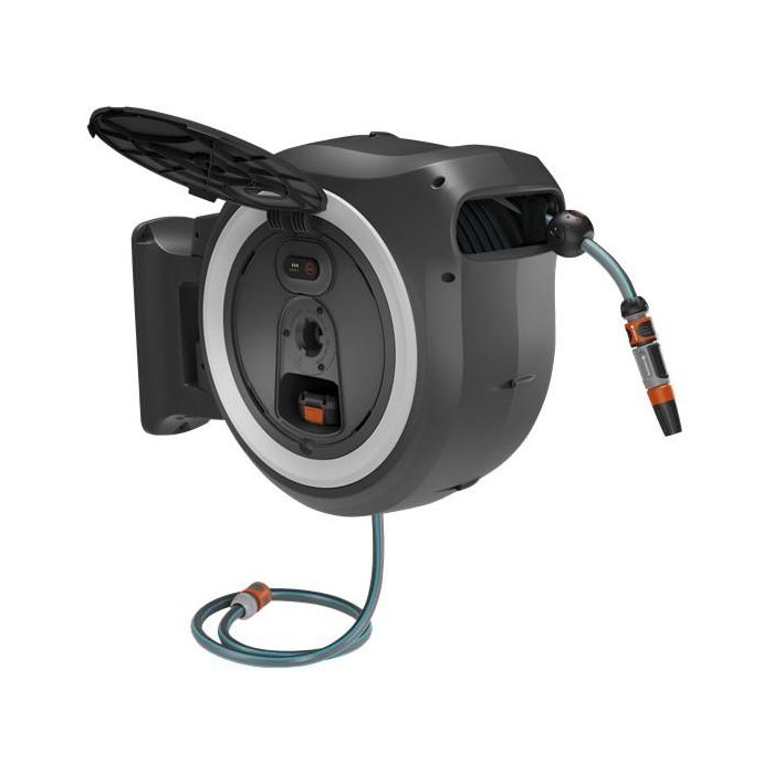 GARDENA Akku-Wand-Schlauchbox PowerRoll XXL P4A Solo, enrollador de manguera a batería 18V, 40 m, negro, resistente a las heladas, referencia 18647-55
