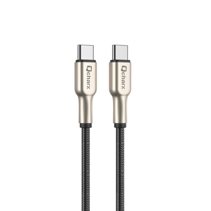 Qcharx Cable Tipo C a Tipo C Carga Rápida 20W 3A, Sincronización Datos, Cabezal Blindado, Cordón Antinudos Gris Oscuro