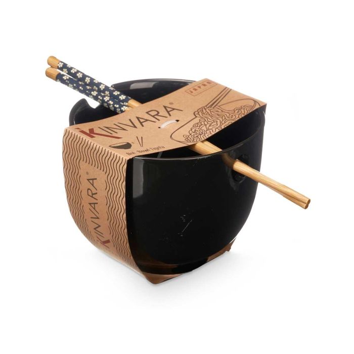 Kinvara Bowl Porcelana Asiatico Negro con Palillos Bambu 24x10.7x13.3 cm (Set de 12)