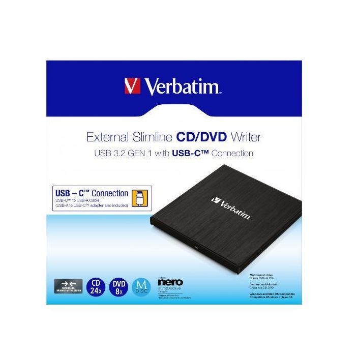Verbatim External Slimline CD/DVD Writer USB 3.2 Gen 1 / USB-C 1 Verbatim External Slimline CD/DVD Writer USB 3.2 Gen 1 / USB-C 1