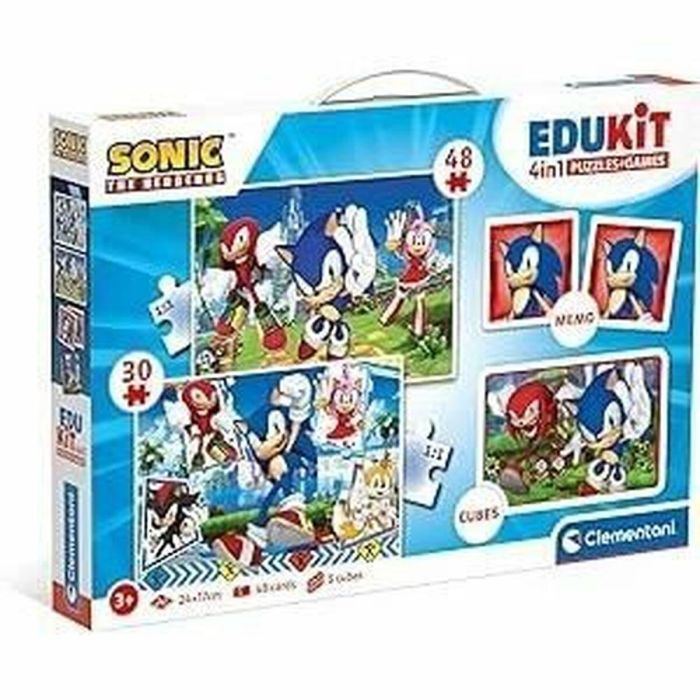 Clementoni - Edukit - Sonic - Caja de aprendizaje 4 en 1 - 2 rompecabezas, 1 nota, 1 juego de 6 cubos - Hecho en Italia - A partir de 4 años