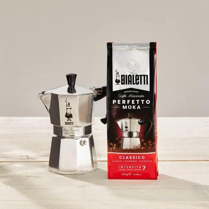 Bialetti BIA8006363035668 Cafetera italiana Moka 6 tazas (0,30L) Plata + Café Perfetto Moka Classico 250g 2