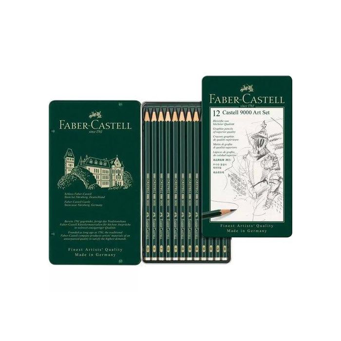 Lapiz De Grafito Faber-Castell 9000 Estuche Metal De 12 Surtidos (8B, 7B, 6B, 5B, 4B, 3B, 2B, B, Hb, F, H, 2H) (Set de 5)
