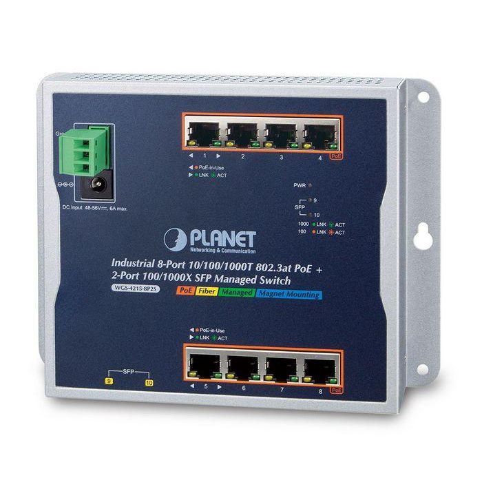 Planet WGS-4215-8P2S Switch Industrial Gestionable 8 Puertos Gigabit PoE+ 802.3at + 2 SFP Montaje Pared IP30 (-40 a 75°C)